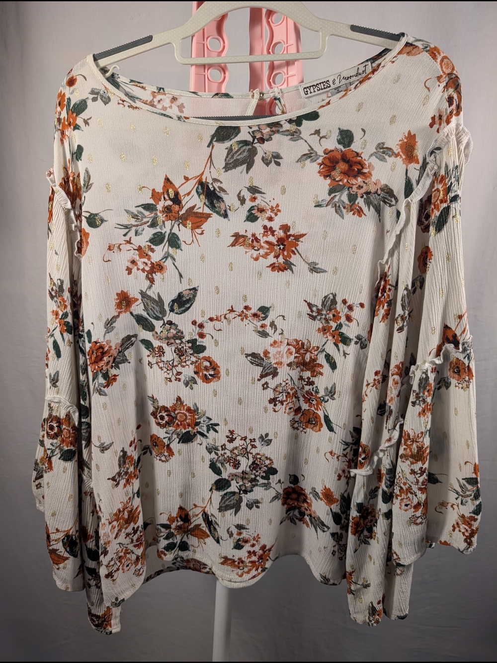 Gypsies & Moondust Floral Boho Blouse Large Bell Sleeve Gold Metallic Accent Top